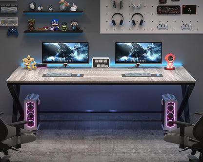 FOLUBAN 70.9" Industrial Computer Desk with Z-Shaped Legs, Modern Home Office Desk for 2 Person, Large Gaming Executive Workstation Study Table for Bedroom Writing, Light Grey