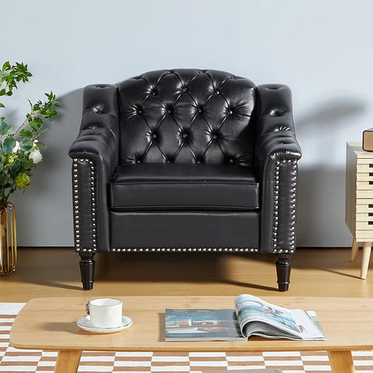 LEVNARY Chesterfield Chair Leather, Upholstered Sofa Chair with High Back, Mid-Century Modern Armchair with Solid Wood Legs, Single Couches for Living Room (Black)