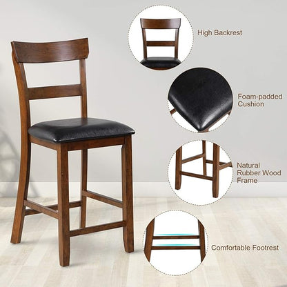 COSTWAY Counter Height Bar Stools Set of 2, 25.5 Inch Mid Century Modern Wooden High-top Chairs with Backrest, Rubber Wood Legs, Faux Leather Seat, Farmhouse Barstools for Kitchen Island, Pubs