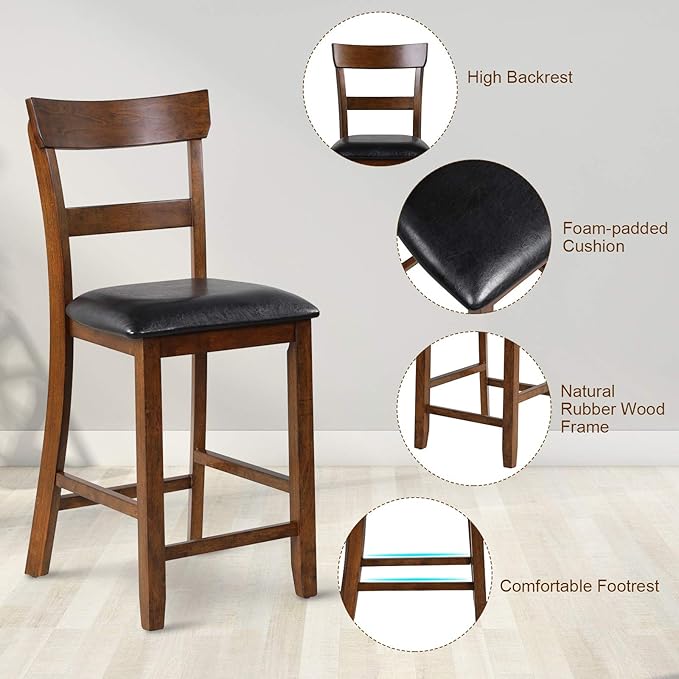 COSTWAY Counter Height Bar Stools Set of 4, 25.5 Inch Mid Century Modern Wooden High-top Chairs with Backrest, Rubber Wood Legs, Faux Leather Seat, Farmhouse Barstools for Kitchen Island, Pubs