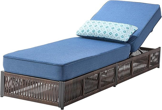 Luxury Outdoor Chaise Lounge with 5 Inch Thickened Cushions - 1 Set High Back Brown Wicker Patio Recliners Rattan Reclining Chairs Porch Poolside Pool Sunbathing Lounger - Navy Blue