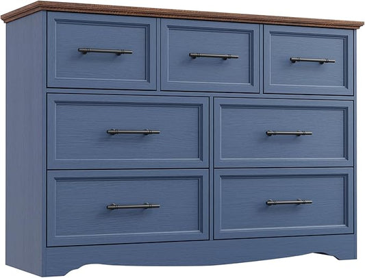 Blue Farmhouse Dresser for Bedroom, Modern 7 Chest of Drawers, 47" Wide Chest of Drawers w/Brushed Metal Handle, Wood Dresser TV Stand and Storage Cabinet for Bedroom, Living Room, Hallway