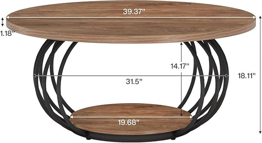 Tribesigns Round Coffee Table for Living Room, 39.4" Industrial Wooden 2-Tier Circle Accent Center Cocktail Table with Storage Shelf and Metal Frame, Rustic Brown & Black