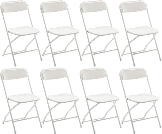 BTEXPERT® Set of 8, White Plastic Folding Chair Steel Frame Commercial High Capacity Event Chair Lightweight Set for Office Wedding Party Picnic Kitchen Dining Church School