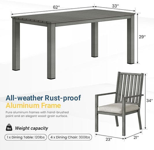 Wisteria Lane 5 Pieces Outdoor Dining Table Set, Aluminum Patio Table and Chairs Set, Outdoor Dining Table with 4 Chairs, Patio Dining Sets with Removable Cushion for Lawn, Garden, Backyard, Gray
