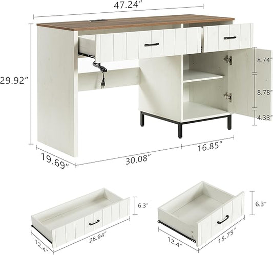 Farmhouse 47" Executive Desk, Home Office Desk with File Drawer and Power Outlet, Computer Desk with 2 Drawers and 1 Storage Cabinet, Workstation for Office Home (White)