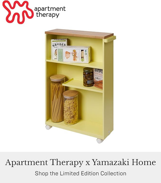 YAMAZAKI Home Slim Rolling Storage Cart – Narrow Bathroom Storage Cabinet with Handle, Slim Bathroom Storage Cart with Wheels, Easy Assembly, Steel + Wood, Yellow