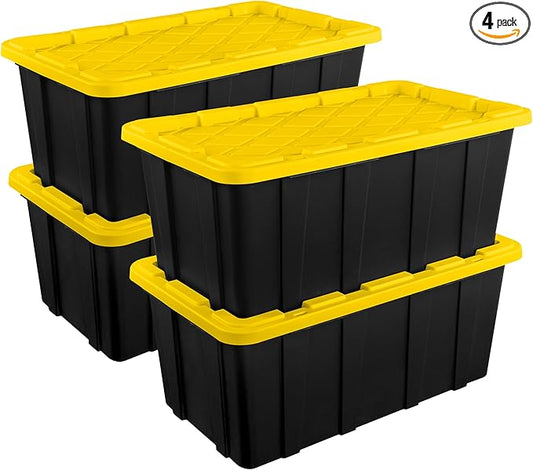 Sterilite 4-Pack Industrial Tote, Plastic Storage Container Bins with Lids, 38 Gallon - Heavy-Duty Organizing Containers for Closet, Bathroom, and Office