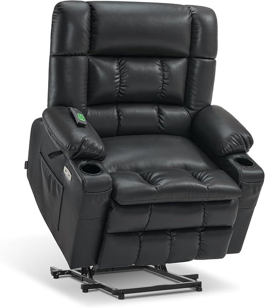 MCombo Dual Motor Power Lift Recliner Chair for Elderly, Lay Flat Lift Chair with Heat and Massage, Extra Wide Lift Recliner for Big People, Cup Holders, Faux Leather R7897 (Black, Medium-Wide)