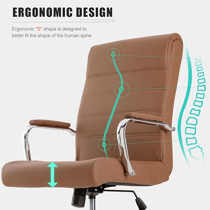 Office Desk Chair,Modern Leather Conference Room Chairs,High Back Ergonomic Home ofiice Chair,Adjustable Height Swivel Executive Computer Chairs with Padded Seat and Armrest (Brown)