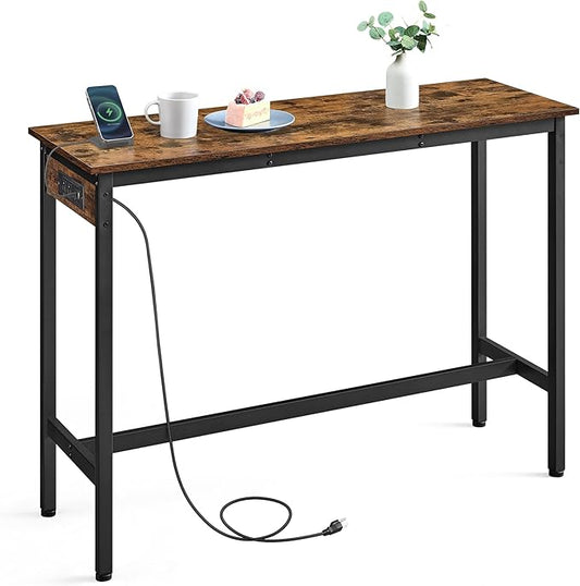 VASAGLE Bar Table, Narrow Long Kitchen Dining Table with Charging Station, Sturdy Metal Frame, Industrial, 15.7 x 47.2 x 35.4 Inches, Rustic Brown and Ink Black ULBT121K01