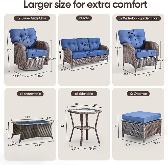 9-Piece Rotating Balcony Chair Set with 31-inch T-Shaped Wide backrest - Rattan Outdoor Rotating Balcony Chairs, Wide backrest Comfortable Outdoor Sliding Chair - Brown | Blue