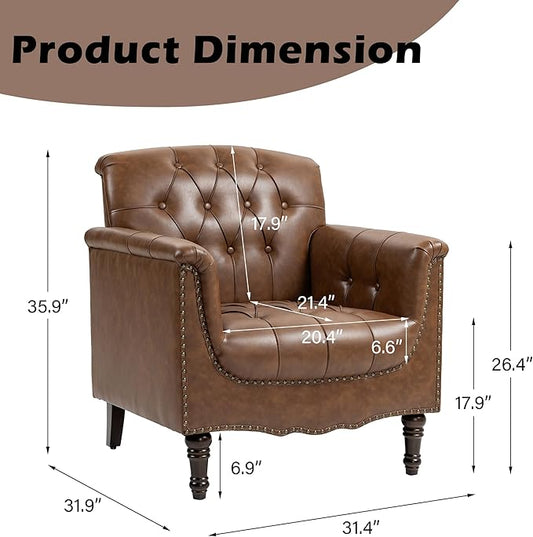Lumibee Faux Leather Armchairs, Contemporary Accent Chairs Set of 2 with Nailhead Trims & Wood Legs for Living Room, Upholstered Comfy Arm Chairs for Office,Bedroom-Brown