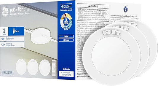 GE LED HD+ Undercabinet Puck Light Fixture, Linkable Plug-in Fixtures for Kitchens, High Definition Light in 5 Color Temperatures, Plug-in, (3 Pack)