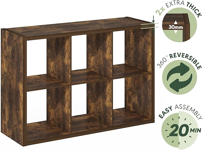 Furinno Cubicle Book Shelf, 6-Cube Thick Frame Bookshelf, Horizontally & Vertically Reversible Bookcase with Open Back, 14.6 x 43.8 x 30, for Living Room, Bedroom, Home Office, Amber Pine
