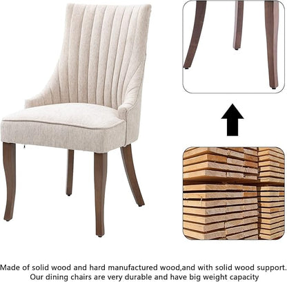 mikibama Linen Dining Chairs Set of 2 Channel Tufted Kitchen Dinner Chair Comfy Fabric Upholstered Accent Chair for Dining Room with Solid Wood Legs (Beige)