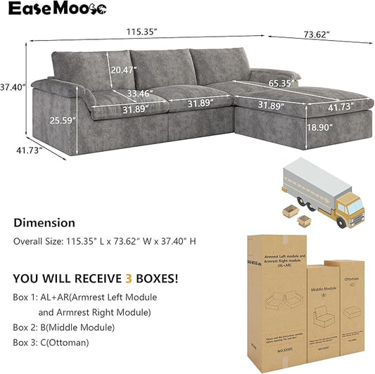 EASE MOOSE Oversized Sectional Cloud Couch for Living Room, L-Shaped Modular Boneless Sofa, Cloud Sofa Set with Fluffy Foam, 4-Seat Deep Comfy Sofa with Ottoman for Bedroom Apartment, Chenille (Grey)
