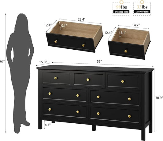 LYNSOM Black Dresser for Bedroom with 7 Drawers, Modern Wide Chest of Storage Drawer with Gold Handles, TV Stand Dresser, Wood Dressers for Bedroom, Living Room, Hallway, Entryway, 55’’