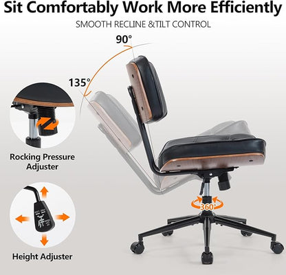 Armless Computer Chair, Small Desk Chair with Wheels and Adjustable Height, PU Leather Modern Swivel Walnut Task Chair for Home Office, Study, Library (Armle, Black)