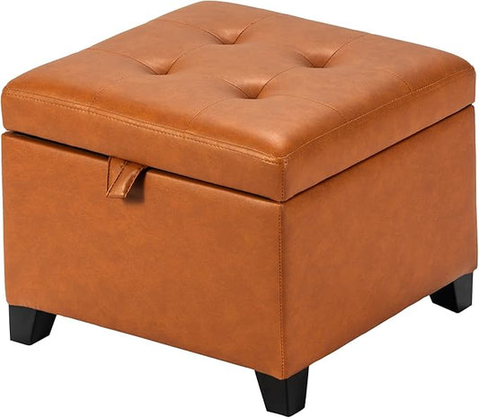 Asense 17 Inch Storage Ottoman Foot Rest,Square Faux Leather Foot Stool,Small Ottoman with Storage,Padded Seat for Entryway,Living Room,Bedroom,Couch,Under Desk,Brown