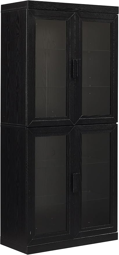 Crosley Furniture Essen Glass Door Kitchen Pantry Storage Cabinet with Doors and Shelves, Living Room, Black