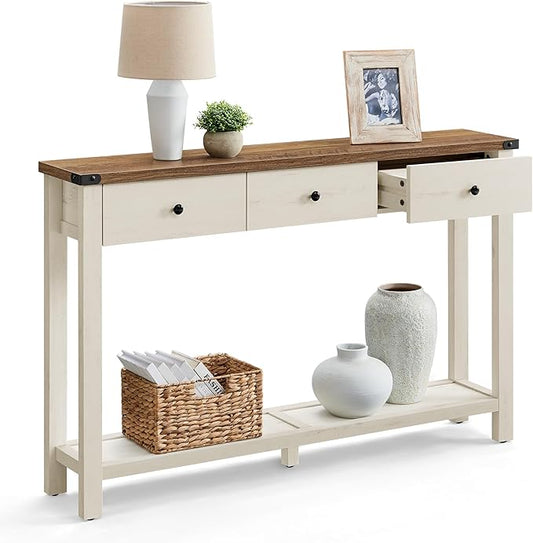 VASAGLE Console Table, Sofa Table, Narrow Entryway Table, Entry Table with 3 Drawers, Open Storage Shelf, Metal Corners, for Living Room, Farmhouse Style, Honey Brown and Rustic White ULNT142WJ02S