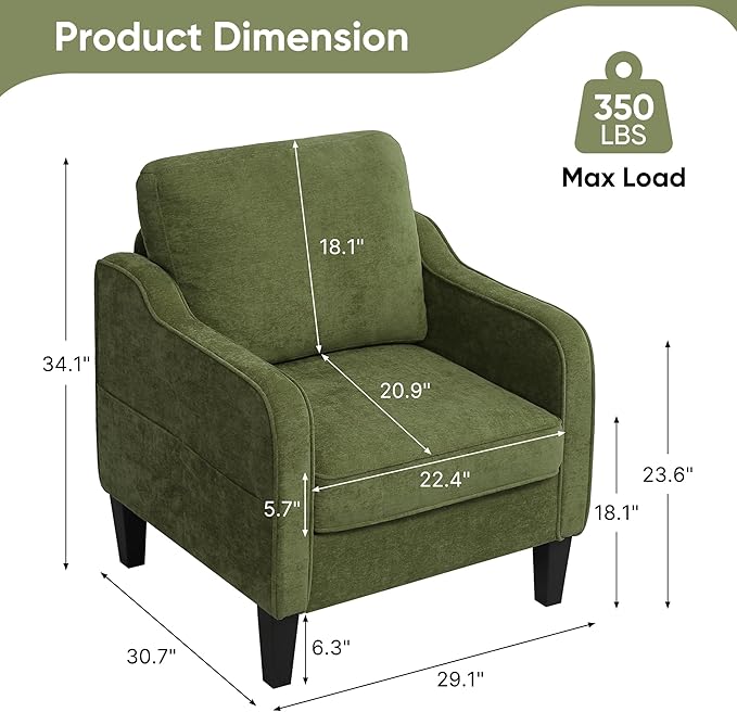 Accent Chair for Living Room, Mid Century Modern Reading Chair for Bedroom, Upholstered Armchair with Side Pockets, Comfy Single Sofa Side Chair for Office, Apartment, Small Room, Olive Green