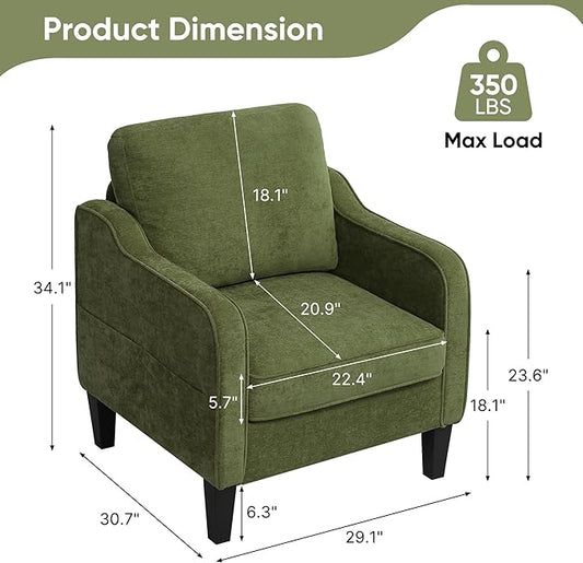 Accent Chair for Living Room, Mid Century Modern Reading Chair for Bedroom, Upholstered Armchair with Side Pockets, Comfy Single Sofa Side Chair for Office, Apartment, Small Room, Olive Green