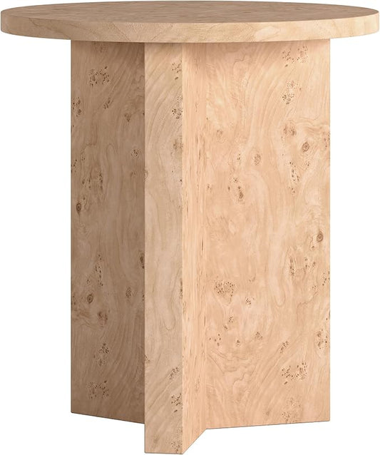 Henn&Hart 20" Scandinavian Round Wooden End Table, Side Table, Nightstand with X-Base for Living Room, Office, Family Room, or Bedroom, Blond Burl