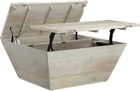 SIMPLIHOME Abba 36-inch Wide Solid Mango Modern Lift Top Square Coffee Table with Dual Lift Panels and 2 Storage Compartments in White Wash for Living Room