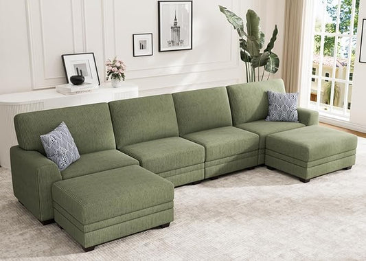 Wanderwell Oversized Modular Sectional Sofa, 6-Seater U Shaped Couches with Movable Ottoman,Corduroy Sectional Couch with Wide and Deep Seats Suitable for Living Room,Bedroom,Apartment (Olive, U-6)