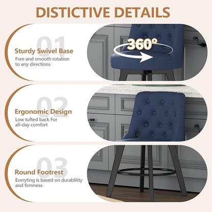 MINCETA Set of 4 Upholstered Bar Stools - 26 Inch Swivel Counter Height Stools with Low Tufted Back, Footrest & Performance Fabric - Round Seat for Kitchen Island & Home Bar Blue