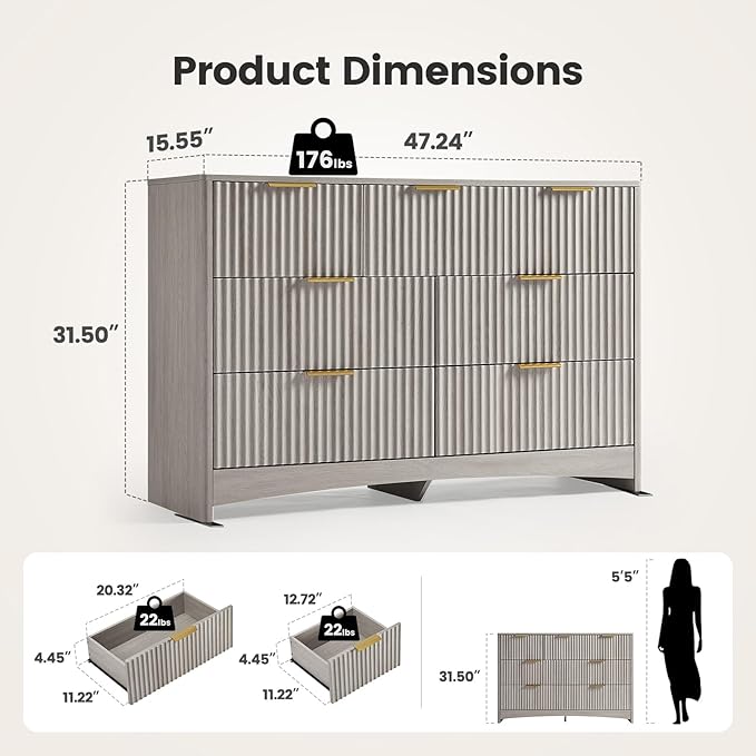Amada Modern 7 Drawer Dresser, Fluted Wood Chest of Drawers with Rounded Corners, Pre-Installed Drawer Slides, Dresser TV Stand and Storage Organizer for Bedroom, Hallway, Grey