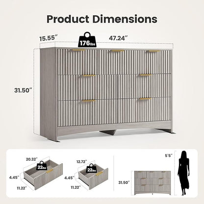 Amada Modern 7 Drawer Dresser, Fluted Wood Chest of Drawers with Rounded Corners, Pre-Installed Drawer Slides, Dresser TV Stand and Storage Organizer for Bedroom, Hallway, Grey