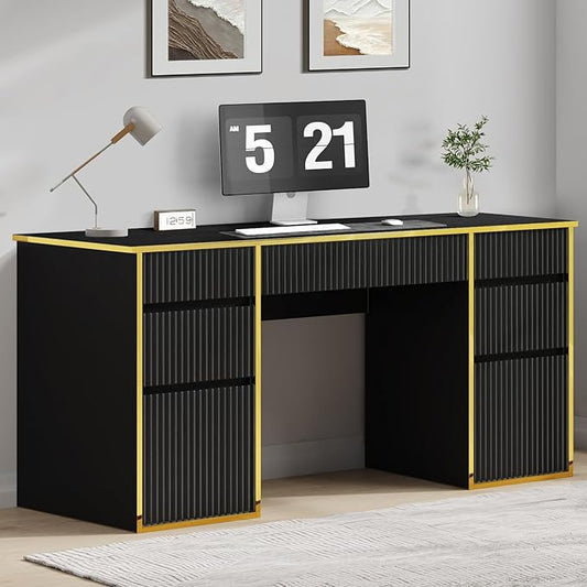 58 Inch Executive Desk with 7 Drawers, Black and Gold Desk with File Drawers for Bedroom, Home Office Desk with Storage for Study, Living Room