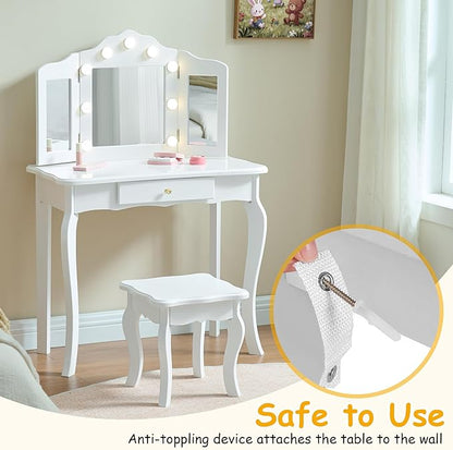 Kids Vanity, Little Girls Vanity Set with Stool and Light, 2 in 1 Wooden Kids Vanity Table and Chair Set, Princess Makeup Table with Drawer for Girls
