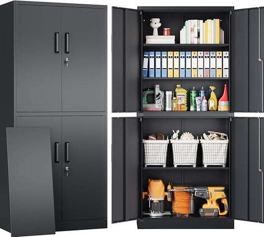 Metal Storage Cabinet with 3 Adjustable Shelves,Garage Storage Cabinet with Lock,Black Metal Cabinet with Locking Doors,Steel Cabinets 4 Doors,71" Lockable Storage Cabinets for Garage,Home,Office
