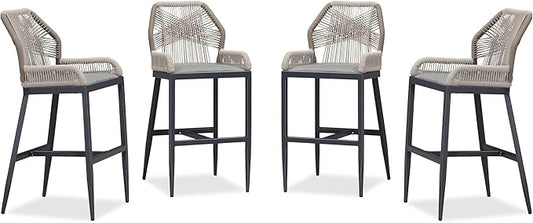 PURPLE LEAF 4 Pieces Bar Stools Patio Modern Rattan Barstools Aluminum Woven Tall Bar Chairs with Cushions for Outdoor Kitchen Island Garden