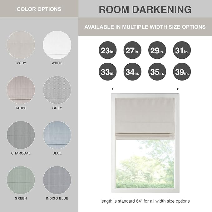 Madison Park Galen Cordless Roman Shade, 33"W x 64"H, Sheen Ivory – Room Darkening, Thermal Insulated, Energy Efficient Window Blind with Subtle Sheen Basketweave Fabric for Privacy