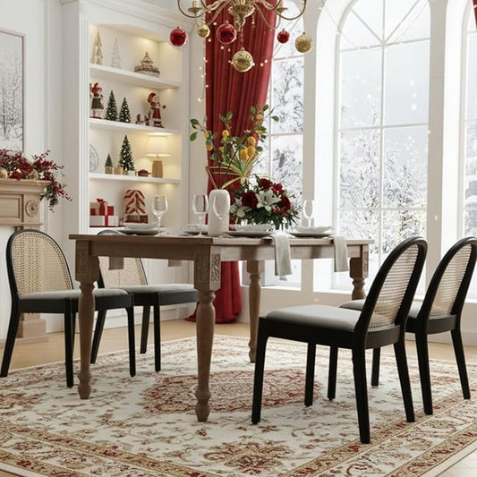 Rattan Dining Chairs Set of 4, Modern Dining Room Chairs with Cane Back Comfy Accent Kitchen Chair Upholstered Linen Fabric Chair for Restaurant/Living Room, Grey