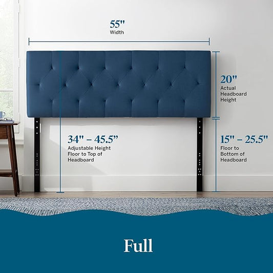 Lucid Mid-Rise Upholstered Headboard - Diamond Tufted - Padded Polyester - Adjustable Height from 34” to 46” - Easy Assembly - Bed Frame or Wall Mount - Sturdy - Cobalt - Full / Full XL Size