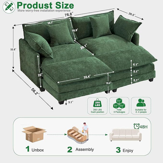 Expandable L-Shaped Sectional Sofa with Ottoman for Apartments, 77" Cloud Chenille Sofa, Create a U-Shape Layout with Optional 2nd Ottoman, Solid Wood Frame, Easy Assembly