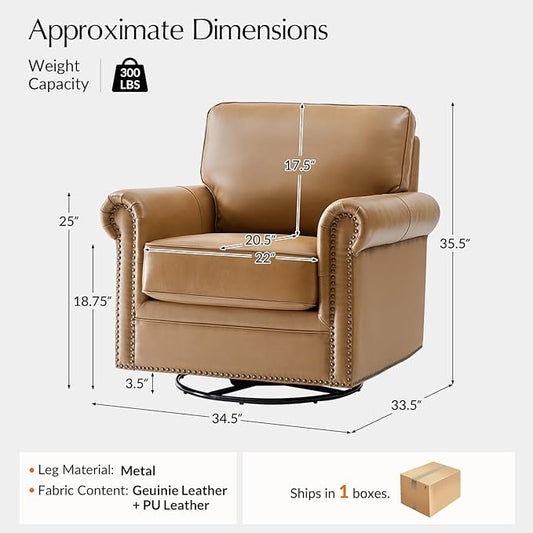 HULALA HOME Swivel Accent Chair Genuine Leather Barrel Rocker Chair with Metal Base Transitional Armchair Padded Round Armrest, Camel