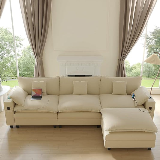 Cloud Couch, Modular Sectional Sofa with Ottoman, Charging Station, Throw Pillows, Cup Holders, Modern Convertible L Shaped Couches for Living Room, Bedroom (White, 116"- L Shape)