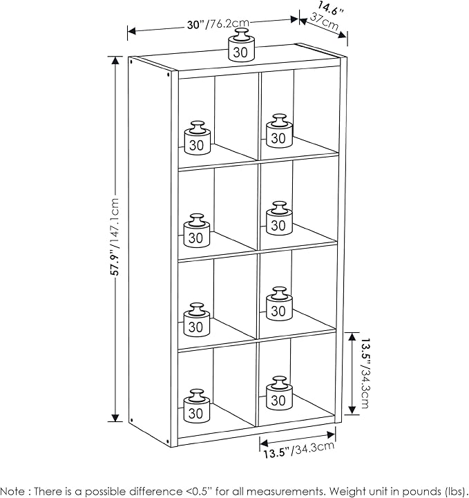 Furinno Cubicle Book Shelf, 8-Cube Thick Frame Bookshelf, Horizontally & Vertically Reversible Bookcase with Open Back, 14.6 x 30 x 57.9, for Living Room, Bedroom, Home Office, Amber Pine
