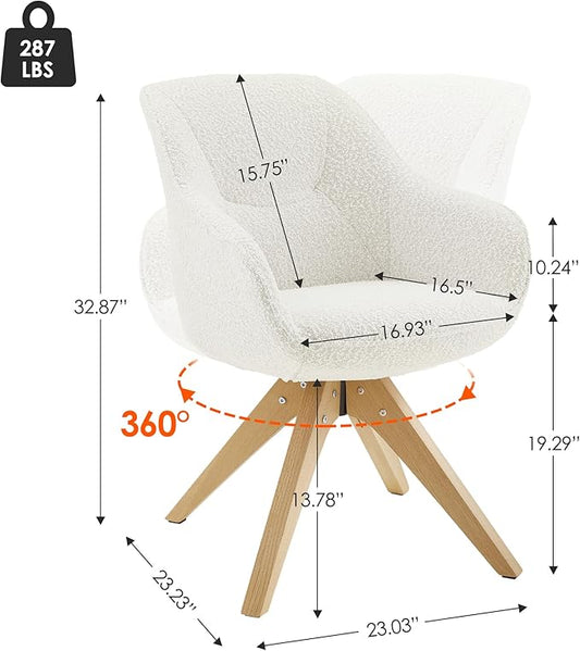 Zouron Desk Chair with Wooden Legs, Swivel Accent Chairs No Wheels, Modern Vanity Arm Chair for Small Space Home Office Living Room Bedroom, Ivory and Natural Wood