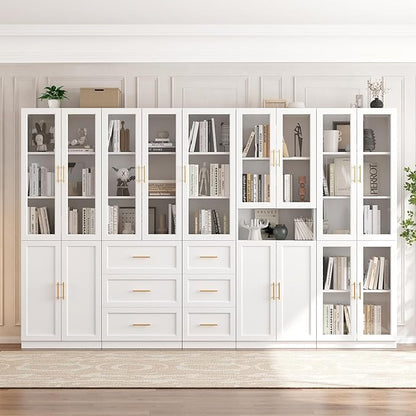 VOWNER Bookcase with Glass Doors & Drawers, 5 Tier Bookshelf with Adjustable Shelf, Modern Large Storage Display Cabinet Set for Home Office, Living Room, White (BDDB)
