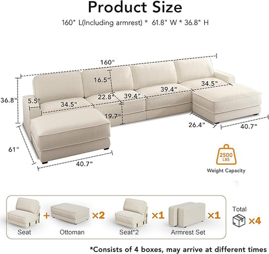 Sunny Heart 160" U-Shaped Modular Sectional Sofa, Oversized Cloud Couch with Movable Ottoman, 6-Seat Chenille Deep Seat Sofa with Pillow, Sectional Couches for Living Room, Apartment, Beige