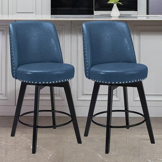 MINCETA Bar Stools Set of 2, PU Leather Barstools, 26 Inch Upholstered Counter Stools with High Back and Footrest, Swivel Counter Height Barstools for Kitchen Island Home Bar Navy Blue