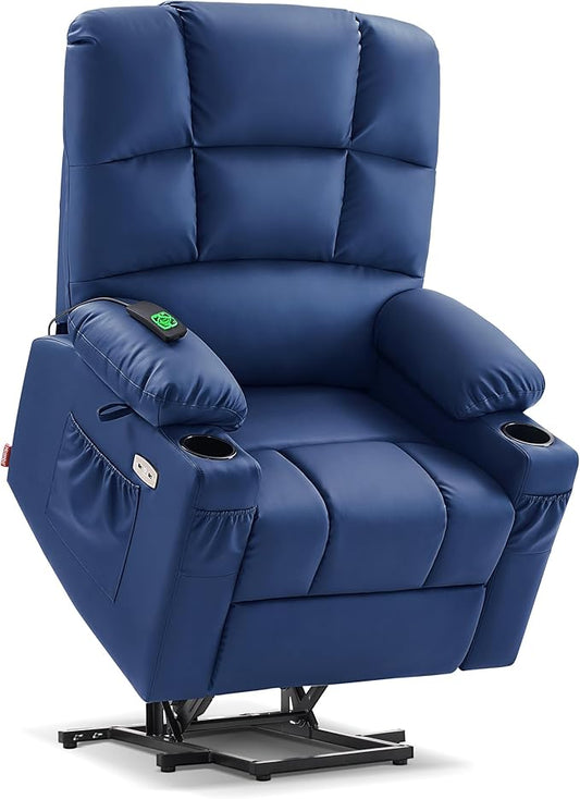 MCombo Large Dual Motor Power Lift Recliner Chair for Elderly, Massage and Heat, Lay Flat, Zero Gravity, Home Button, USB Port, Faux Leather 7680 (Navy Blue, Large)